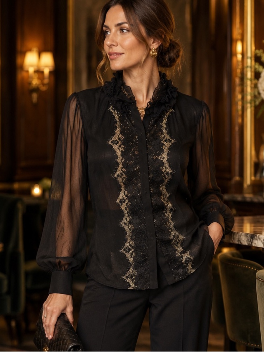 ELIE TAHARI Luxury Black Silk Chiffon Semi-Sheer Metallic Lace Trim Blouse, XL